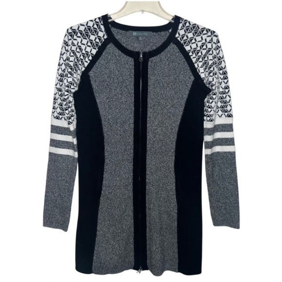 TITLE NINE Assassin Full Zip Tunic Sweater Dress Black & Gray Geometric Stripe S